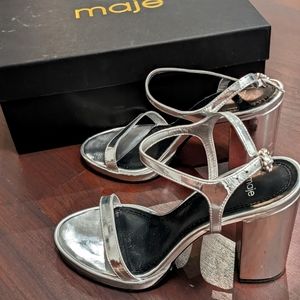 Maje 100% Leather Metallic Silver Heels